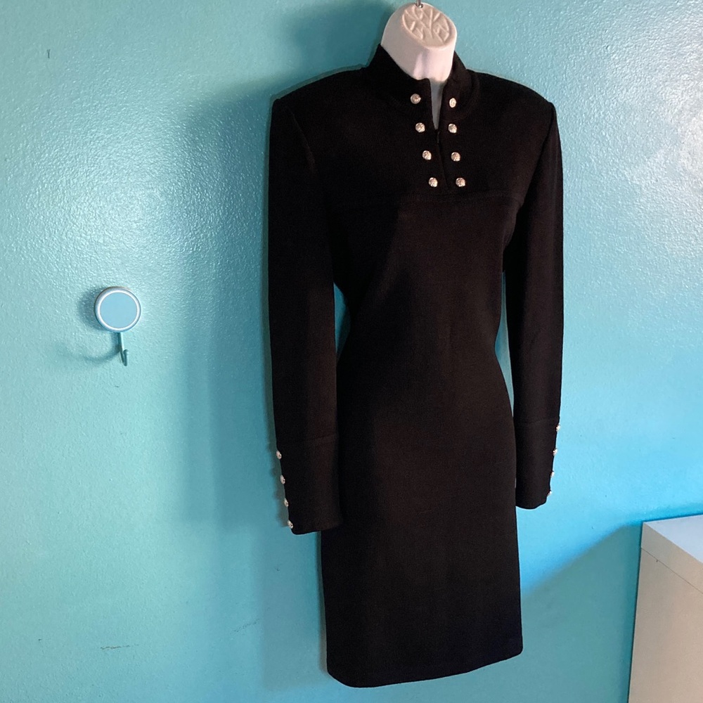St. John Evening Basics Black Knit Dress Size M /8 with Silvertone Buttons - Picture 1 of 12